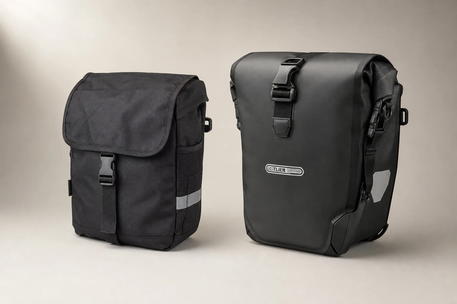 Ibera PakRak and Arkel Orca panniers side by side on neutral backdrop
