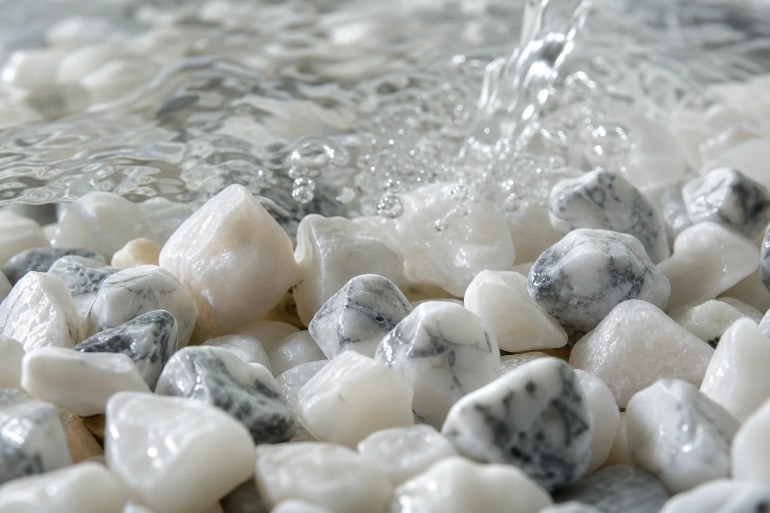 Close-up of marble gravel substrate in an aquarium with water flowing through