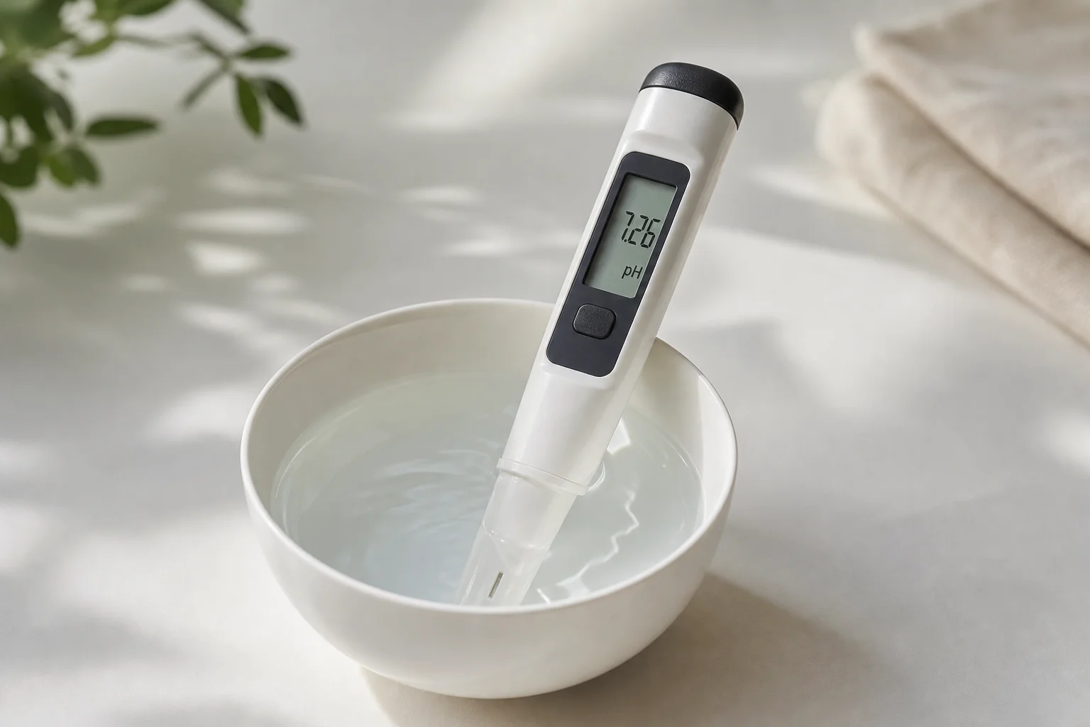 Digital pH meter probe suspended in a water sample bowl