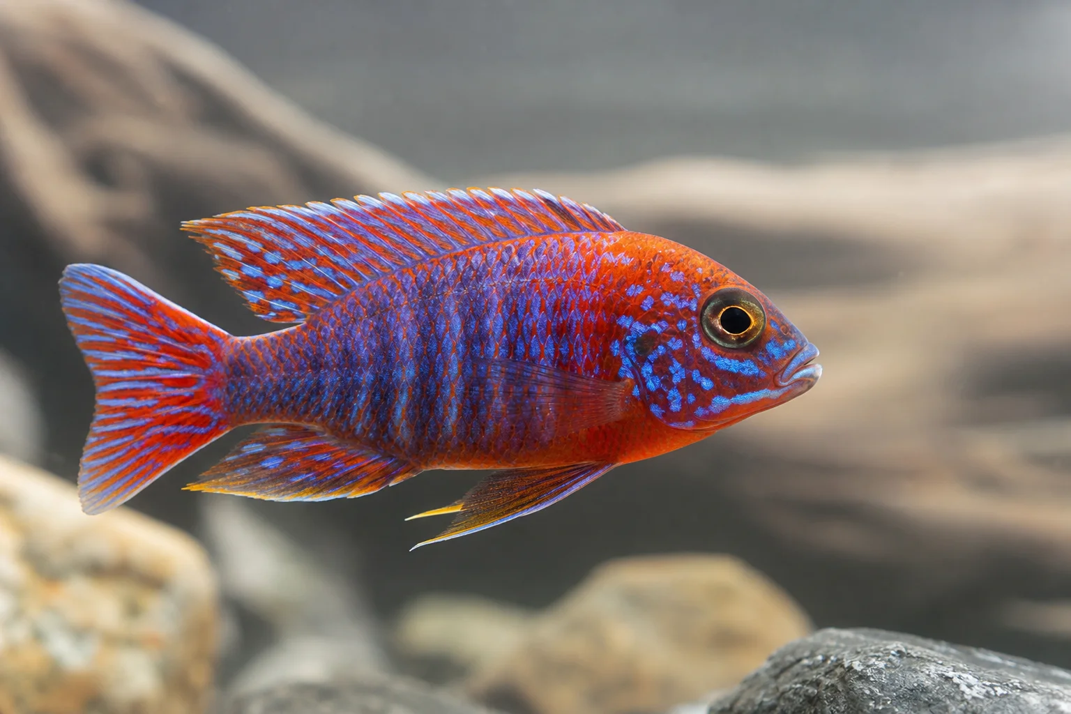 Healthy cichlid fish swimming in clear, stable water with natural coloration