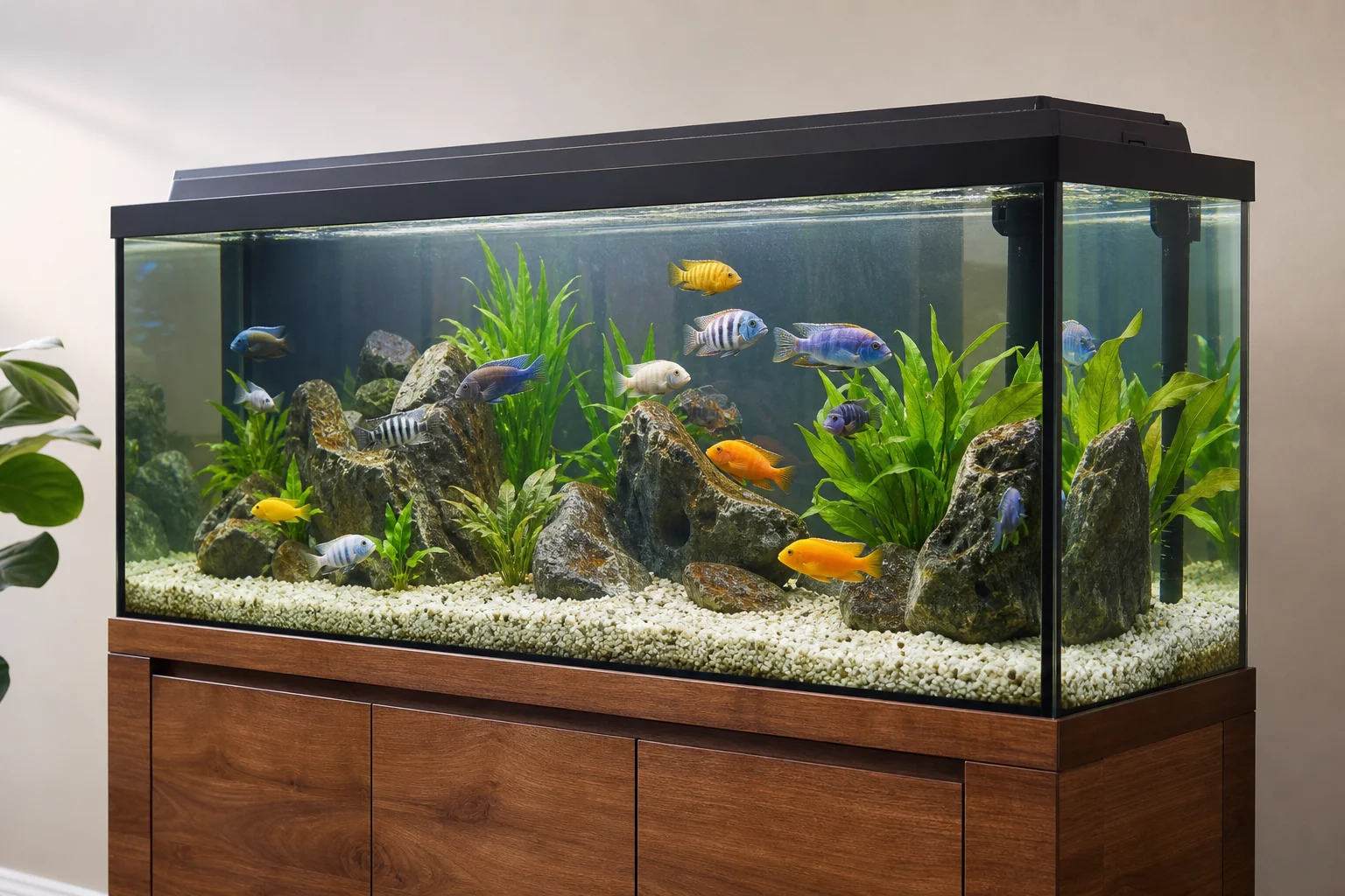 90-gallon cichlid aquarium with marble gravel substrate and colorful fish
