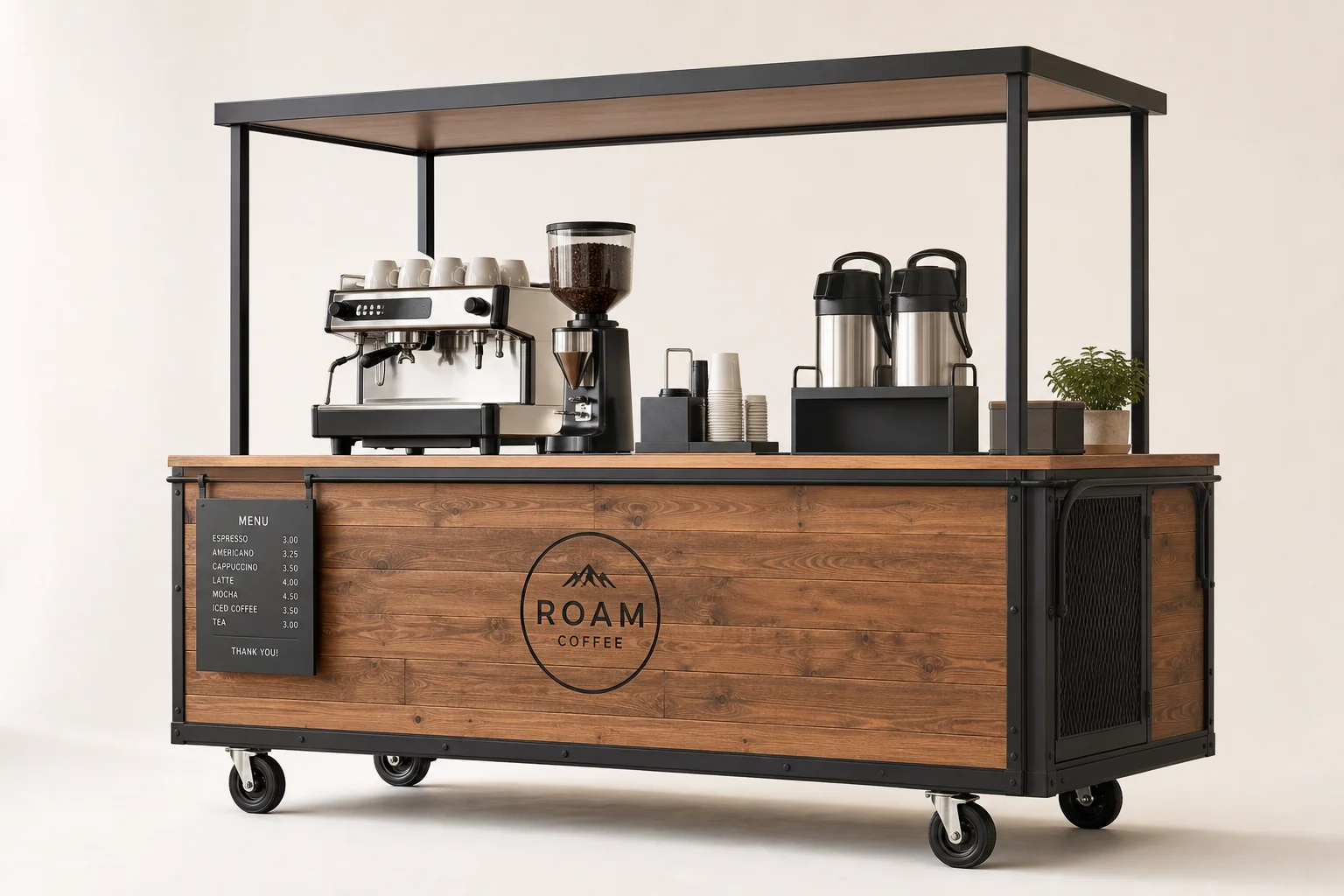 Professional mobile coffee cart with espresso machine and grinder on wooden counter