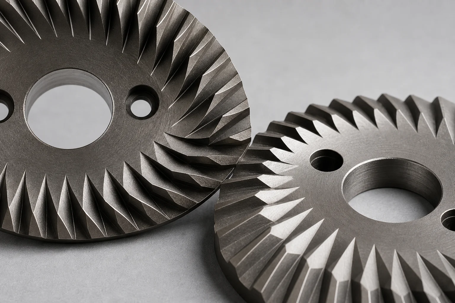 Flat burr disks with cutting teeth showing opposing surfaces and geometry