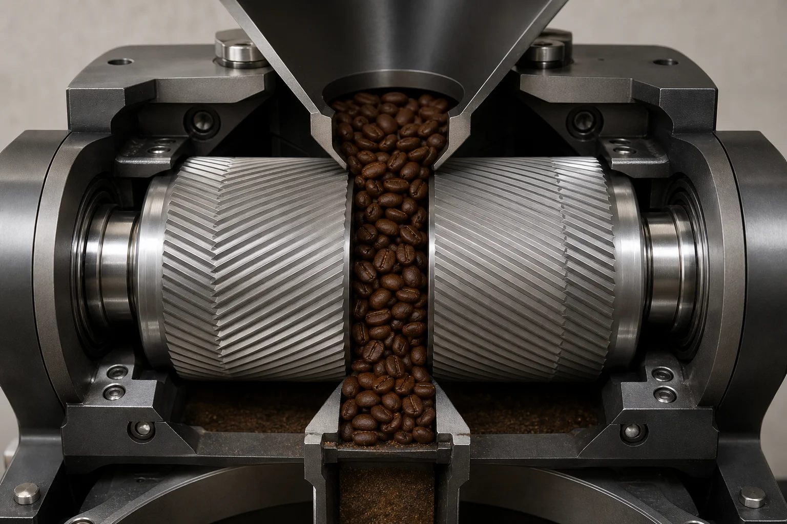 Industrial roller mill burrs showing cylindrical design and coffee feed mechanism