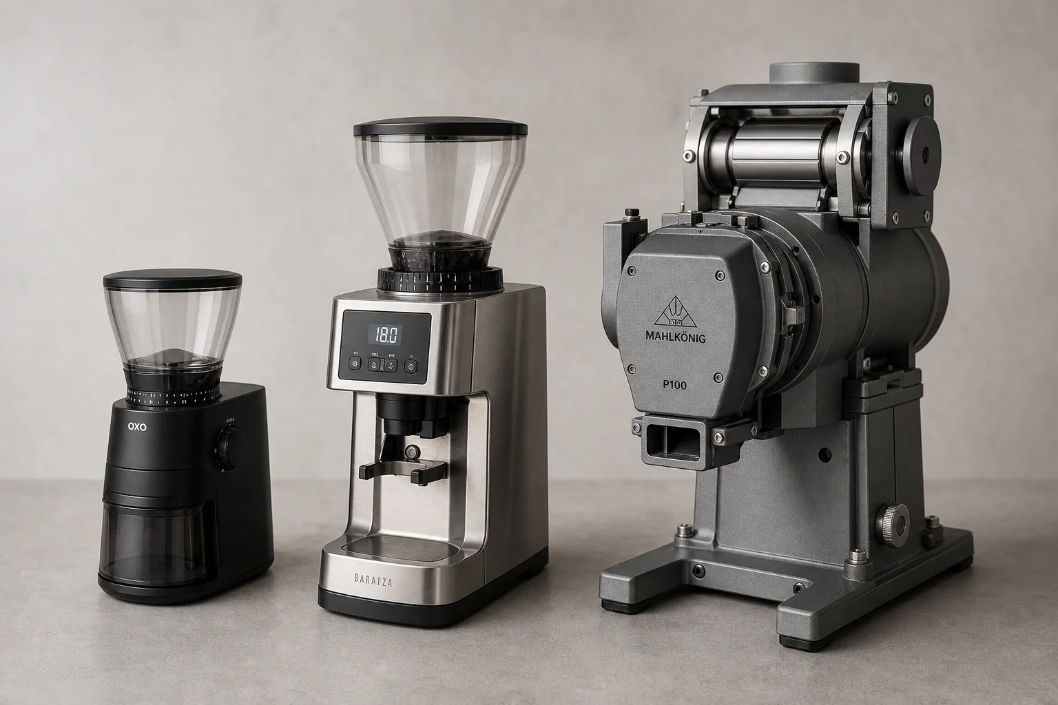 Three coffee grinders from budget to professional grade arranged on concrete