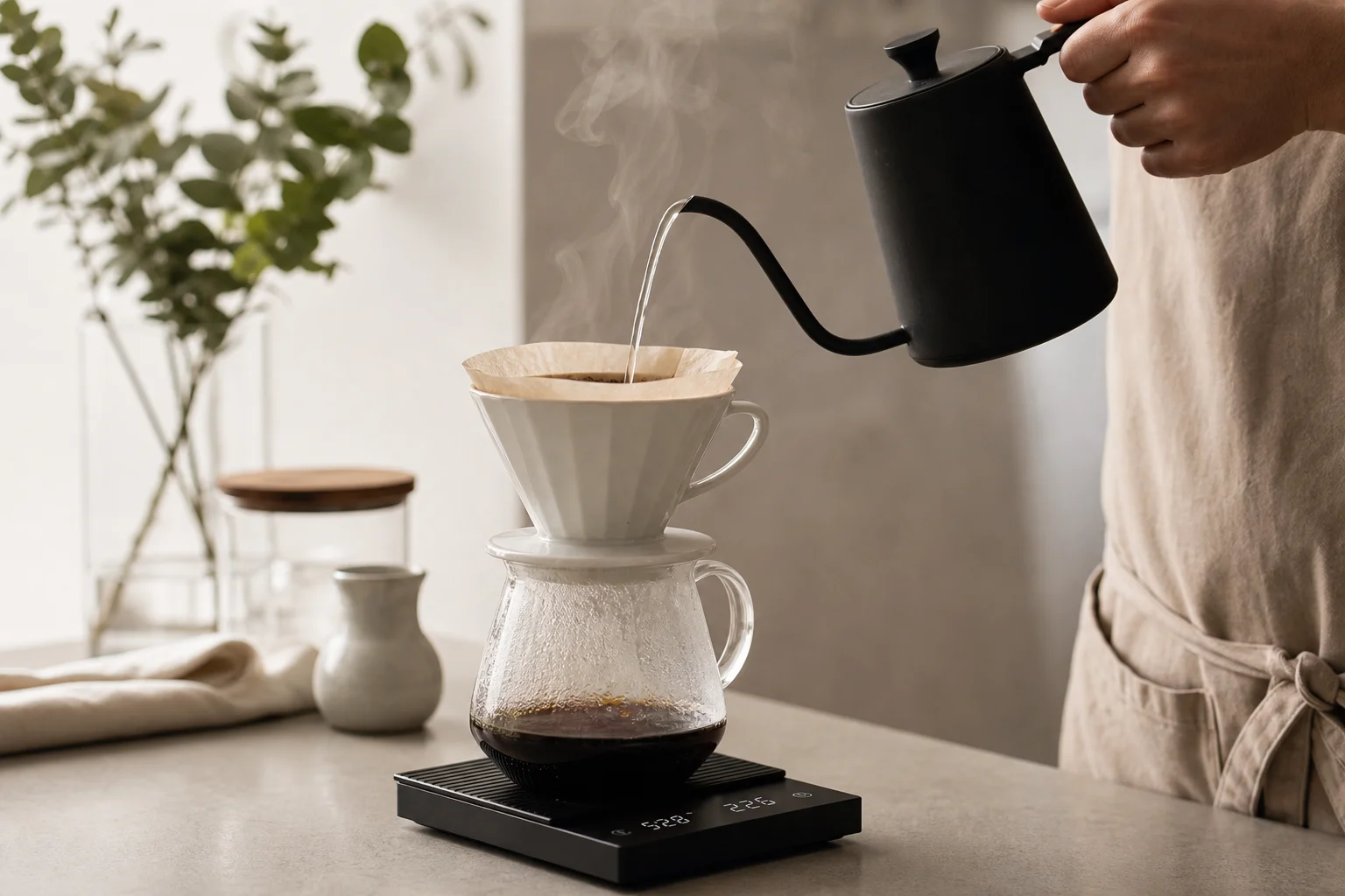 Barista pouring water onto a coffee scale during a pour-over brew