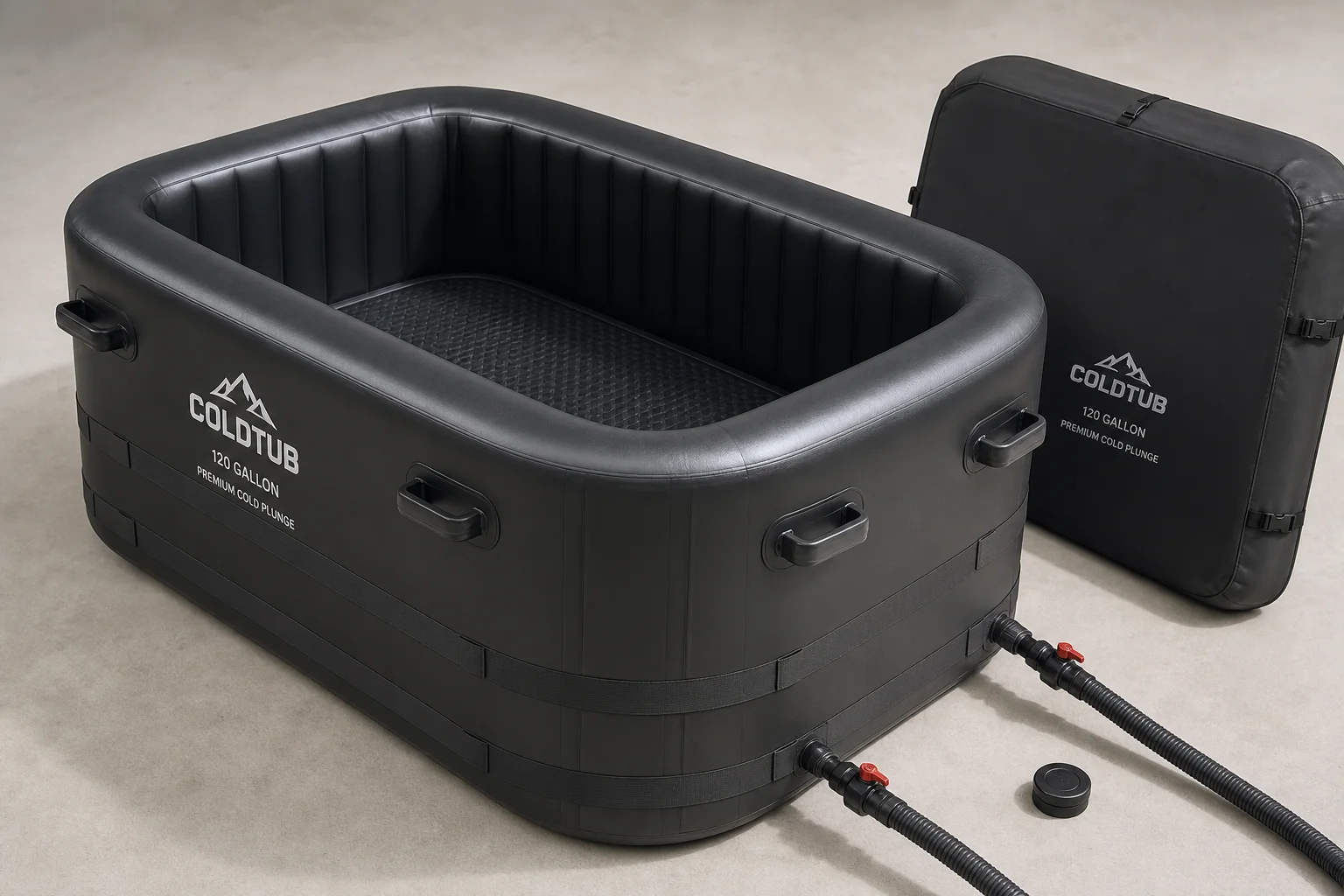 Five cold plunge tubs arranged by size on neutral backdrop