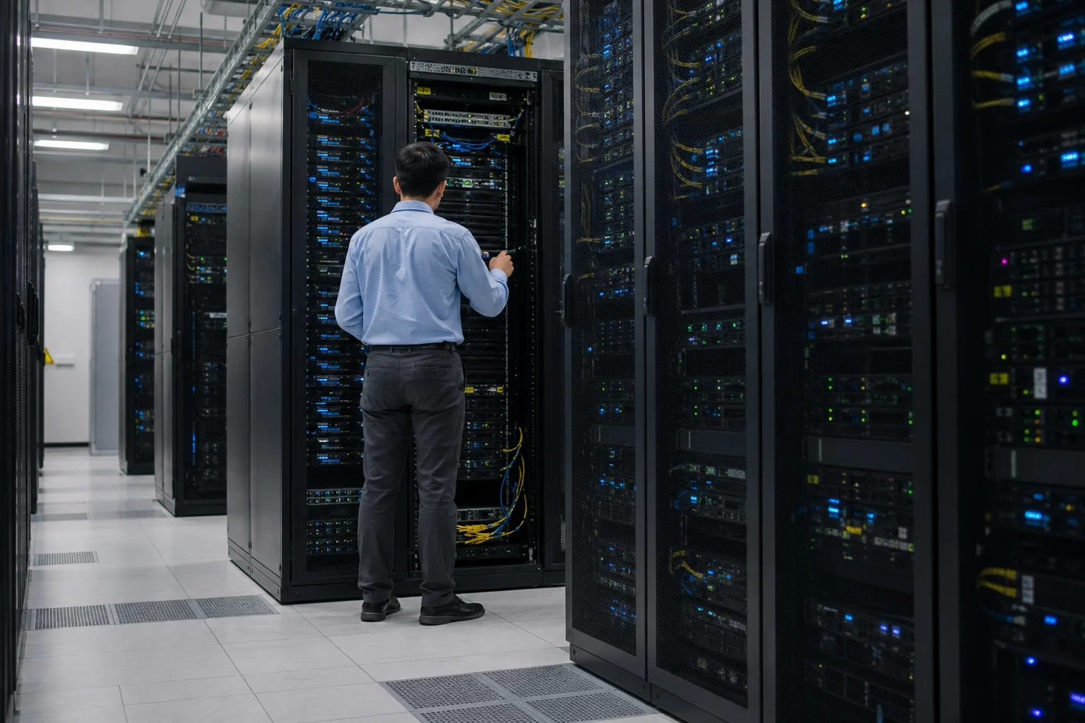 IT administrator working at a server rack in a data centre environment