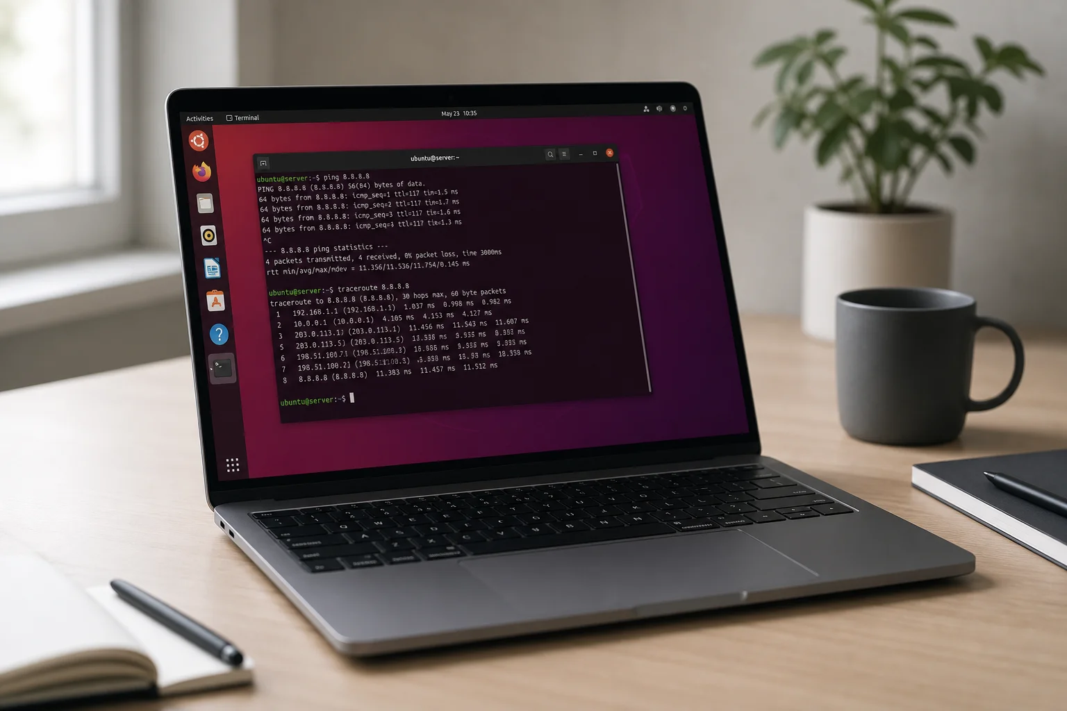 Laptop screen displaying a remote server desktop interface via KVM connection