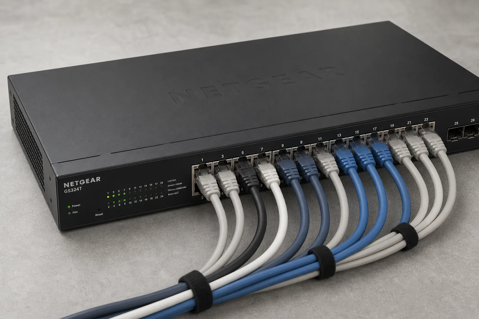Network switch and cabling infrastructure showing redundancy setup