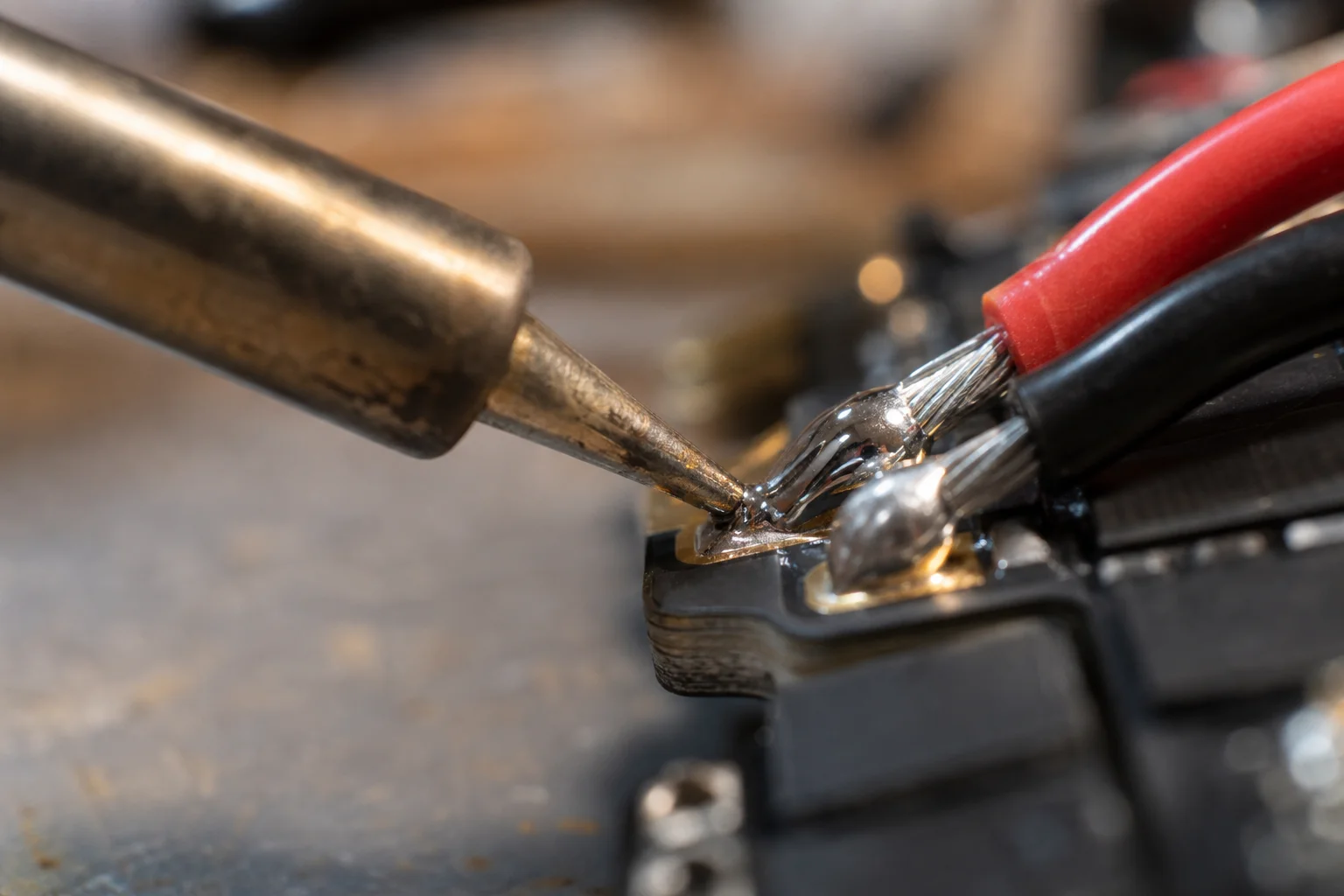 Punta del saldatore che collega i cavi del motore ai pad dell'ESC con lo stagno che fonde