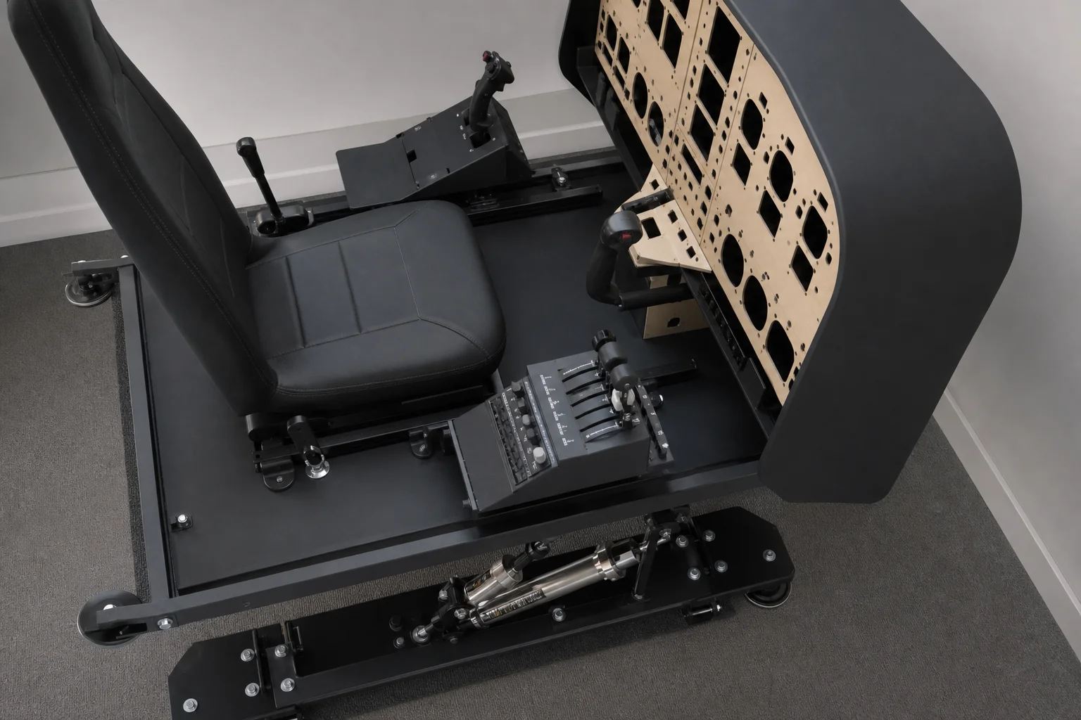 Professional flight simulator cockpit with wooden base and mounted controls