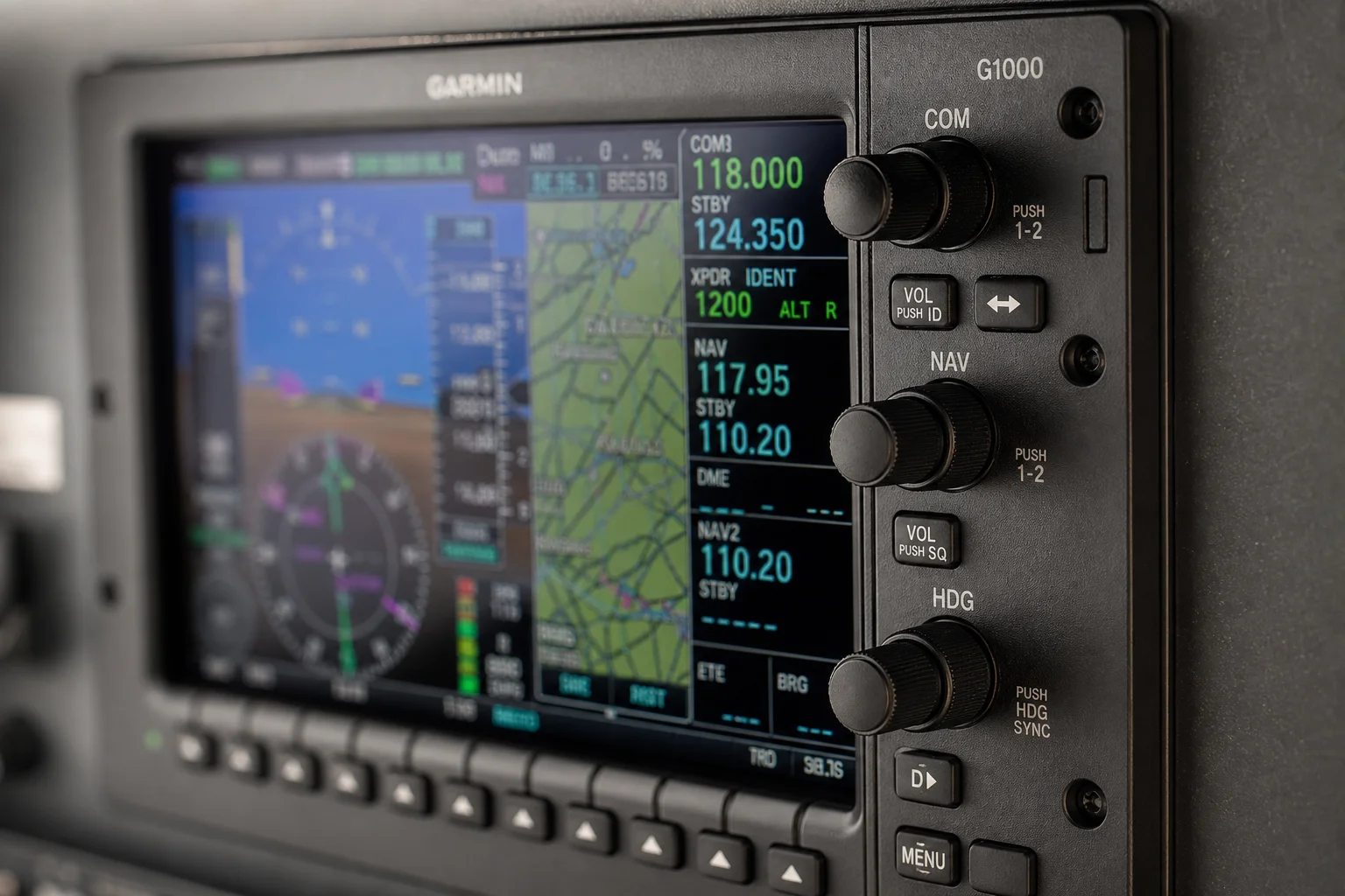 Close-up of G1000 avionics panel with tactile controls and LED indicators
