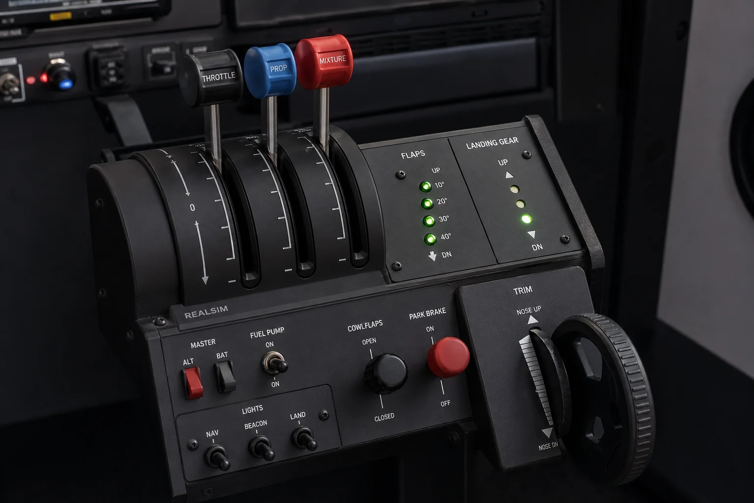 Throttle quadrant with multiple levers and trim wheel in realistic cockpit position