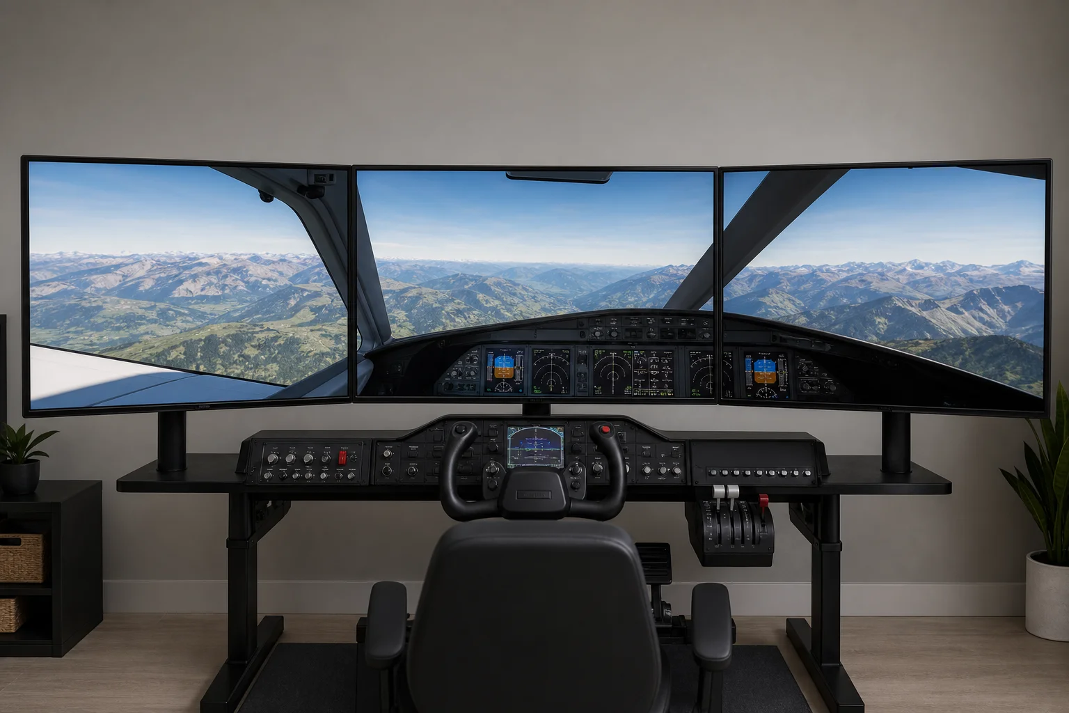 Triple OLED monitor setup with matte finish displaying flight simulator scenery