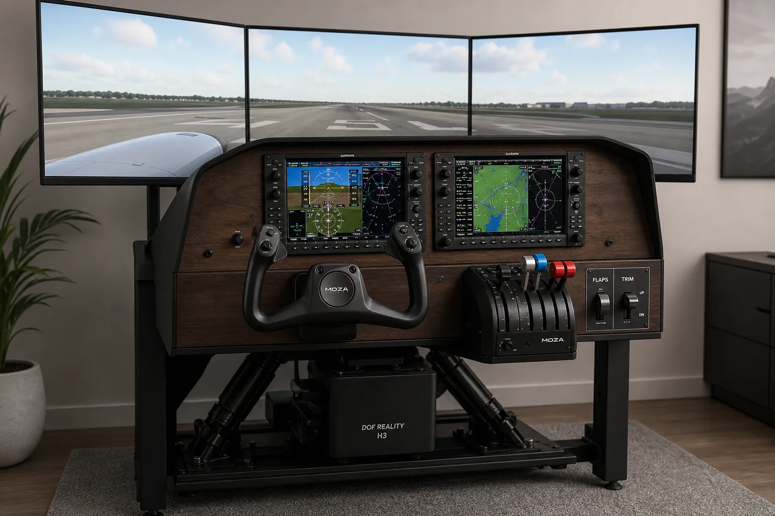 Professional home flight simulator cockpit with yoke, avionics, throttle controls, and triple monitors