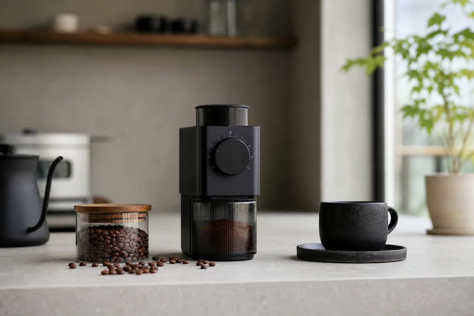廚房檯面上的 Sette Life 磨豆機與咖啡豆