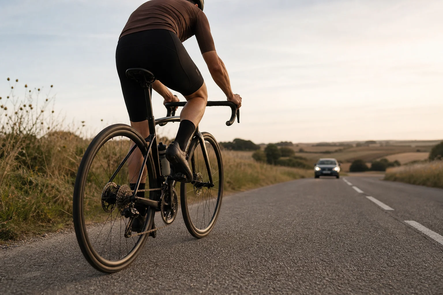 Cyclist riding on country road with car approaching from behind