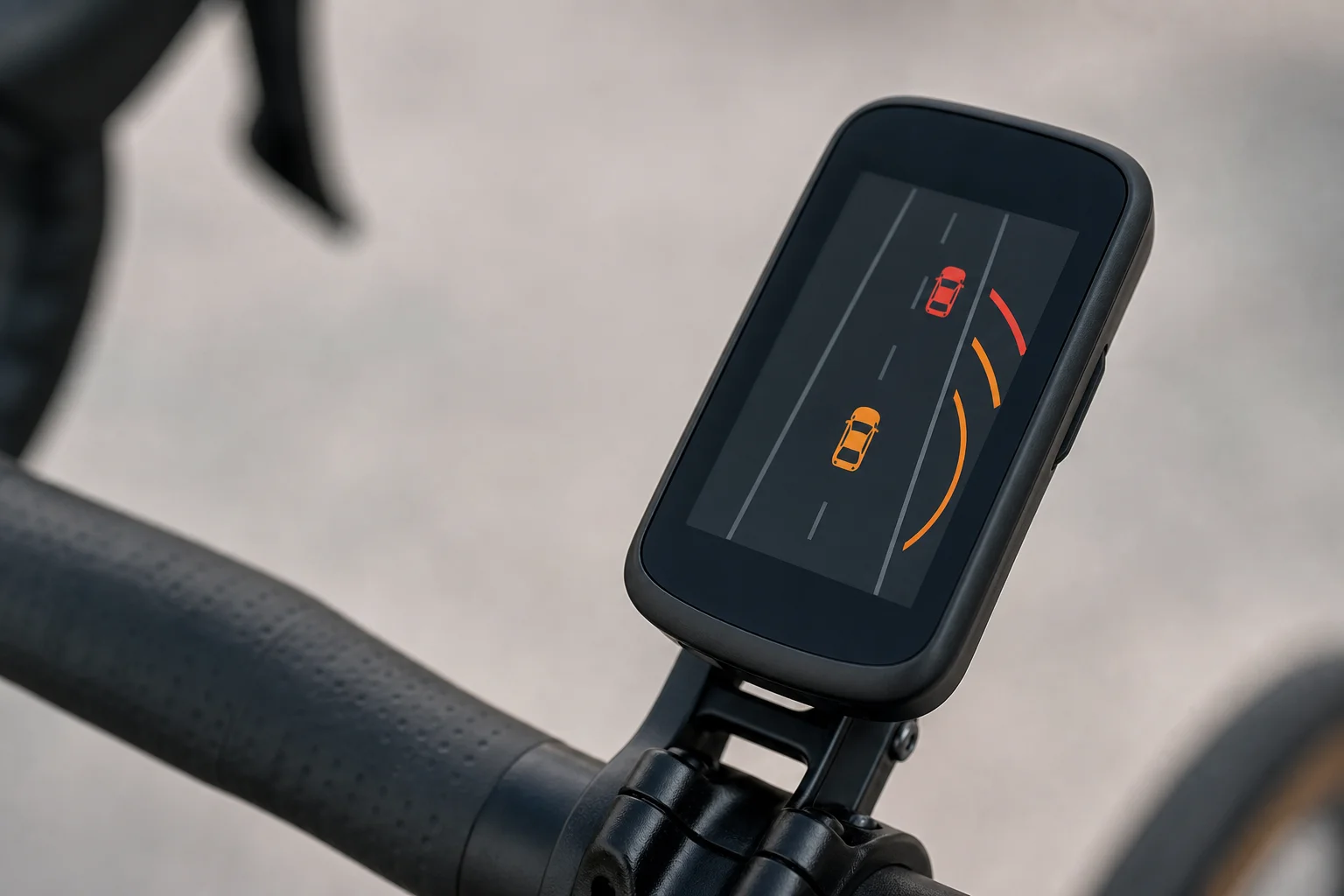 Bike computer screen showing radar alert with color-coded vehicle detection