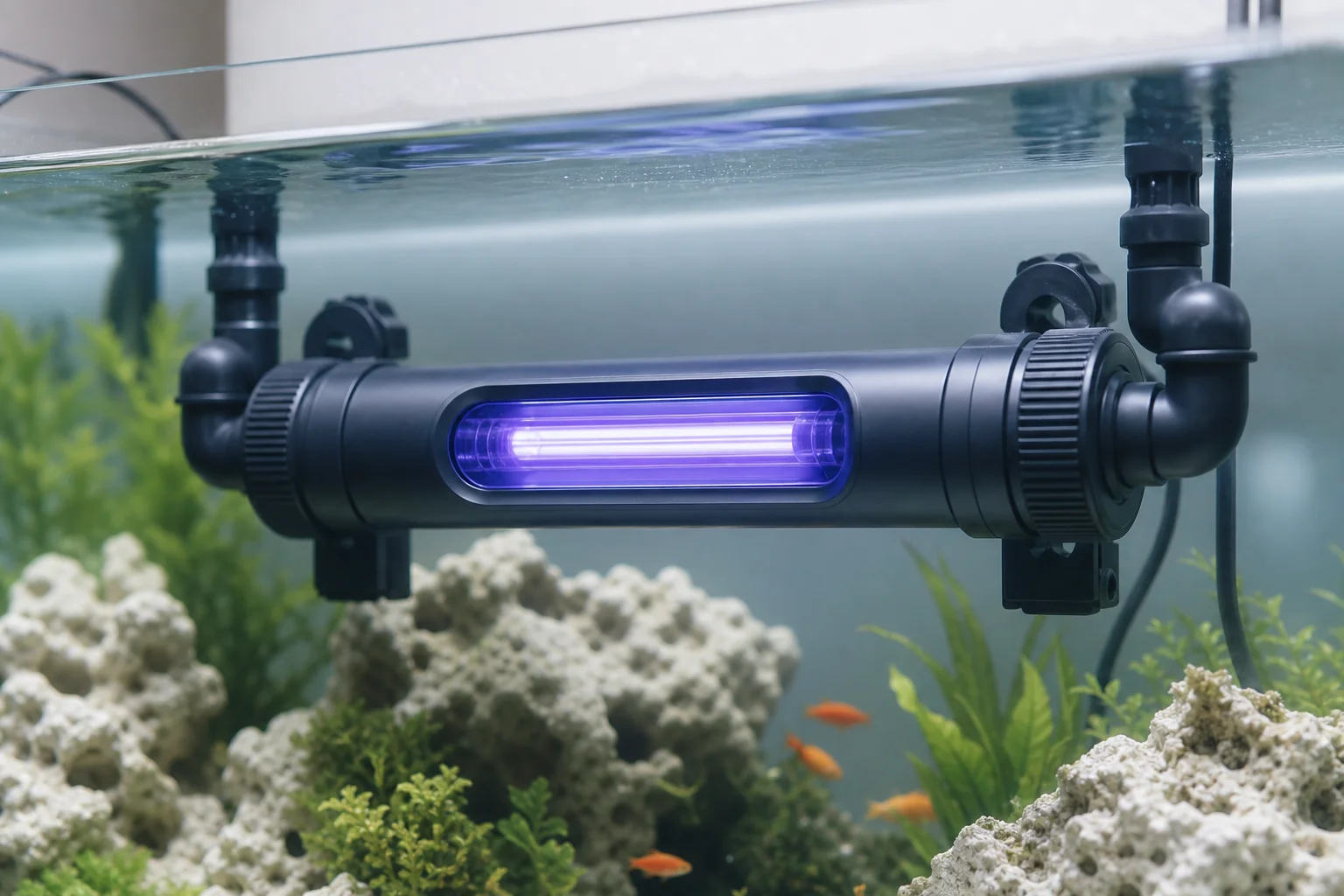 UV 殺菌燈組件浸沒於魚缸水中，透過觀察窗可見內部燈光