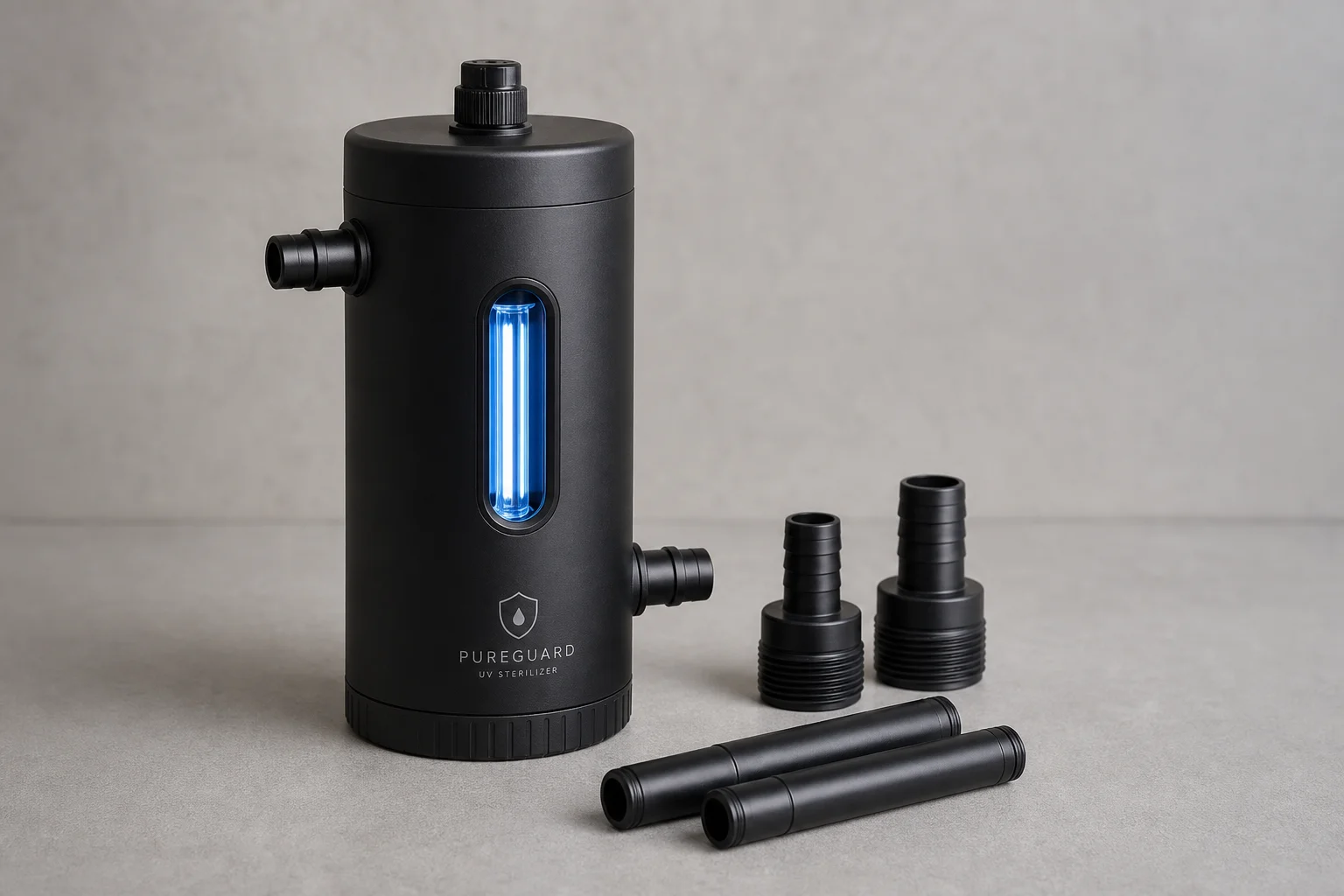 Coralife 5W Mini UV Sterilizer 連接軟管轉接頭，放置於中性灰色表面上
