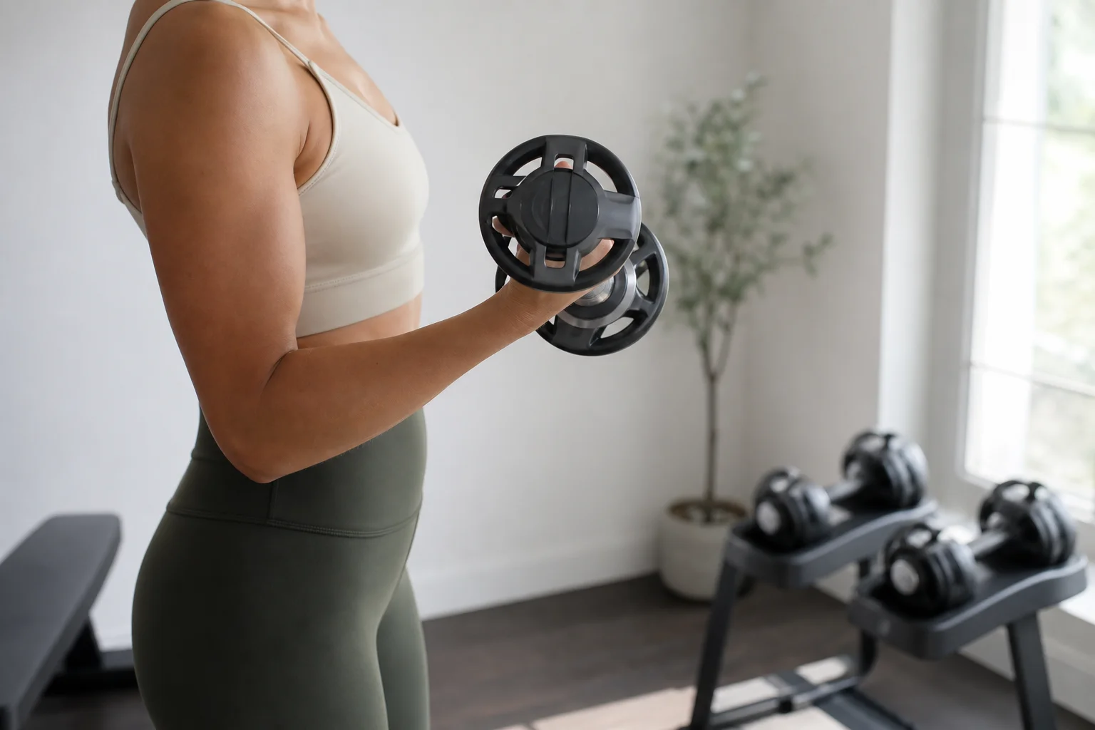 Person performing a dumbbell curl exercise in a home gym setting