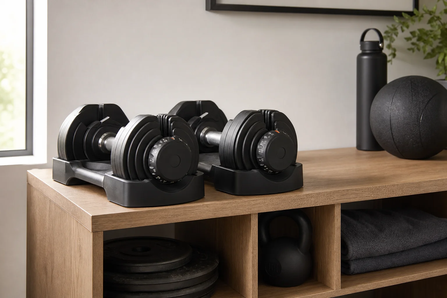 Pair of adjustable dumbbells stored compactly on a home gym shelf