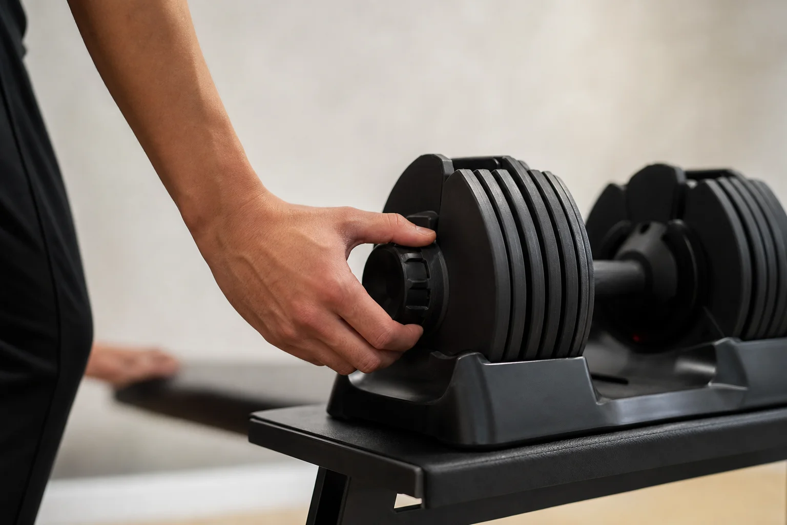 Person selecting weight on an adjustable dumbbell during a home workout