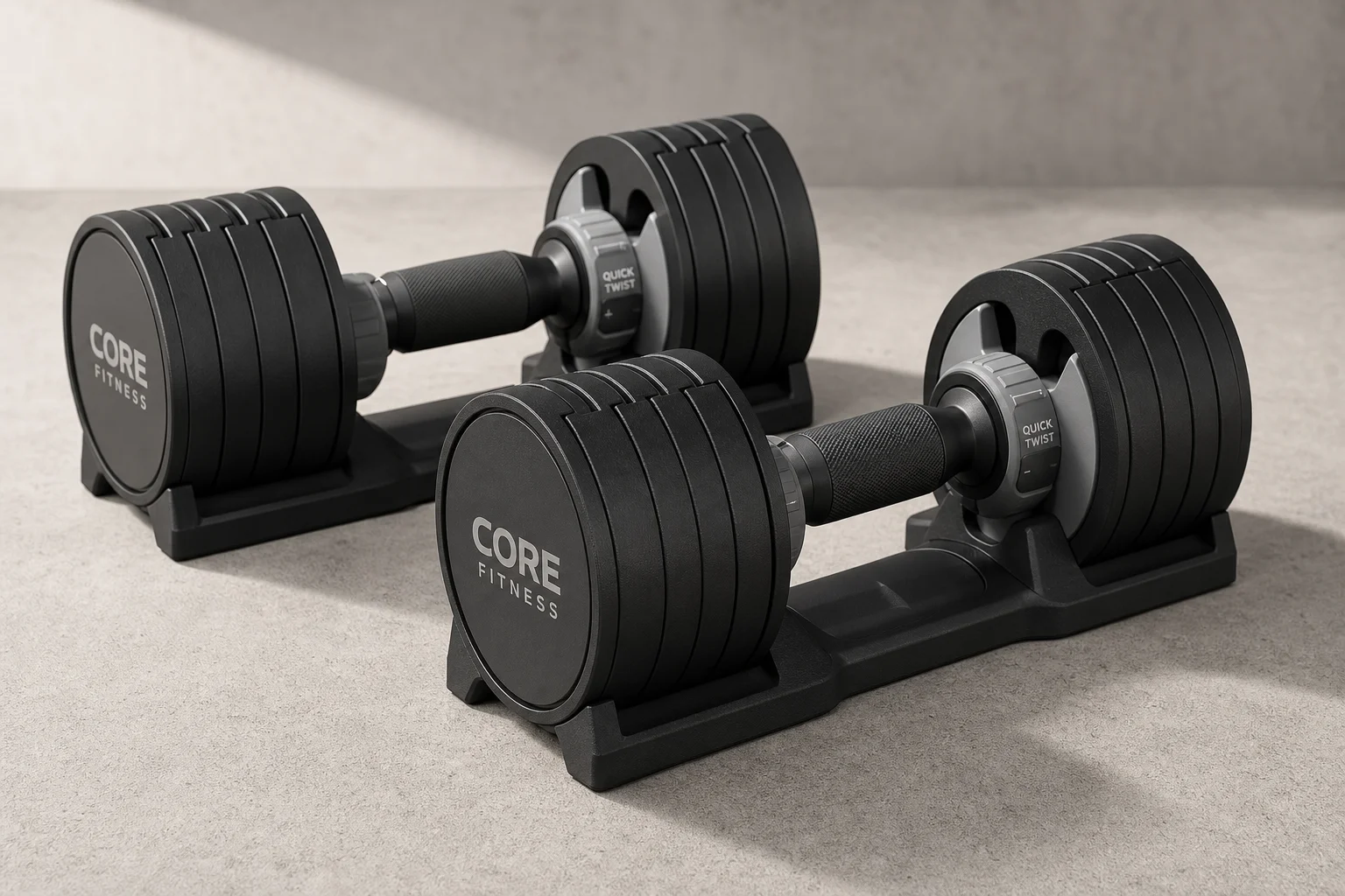 Core Fitness adjustable dumbbells on concrete surface showing Quick Twist mechanism