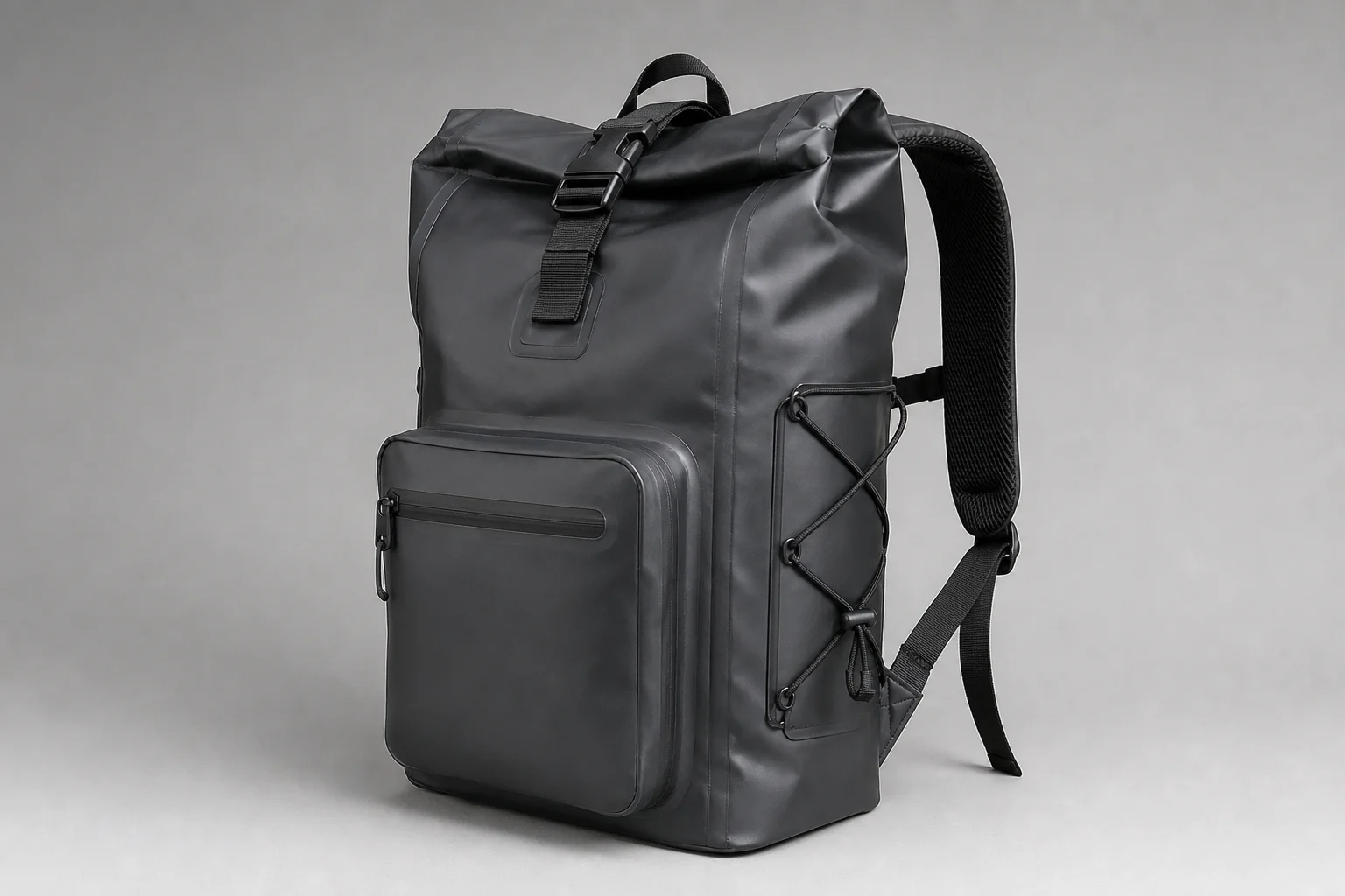 Five waterproof backpacks lined up on concrete surface showing different designs and materials