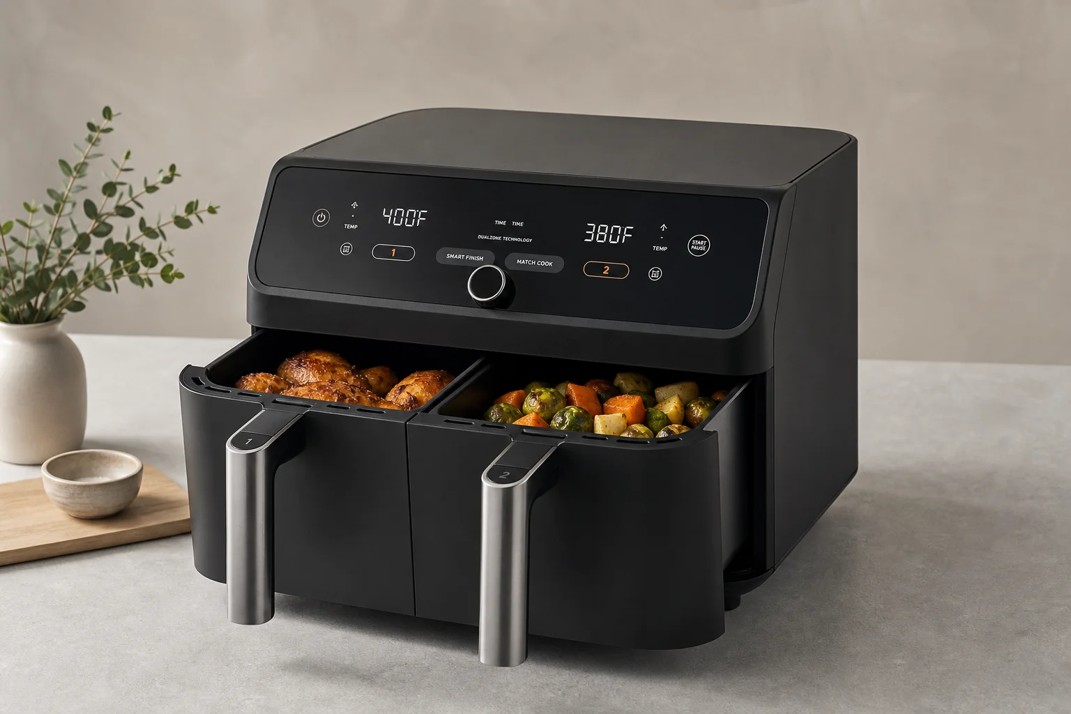 Six air fryer models arranged on concrete surface showing variety of styles and sizes