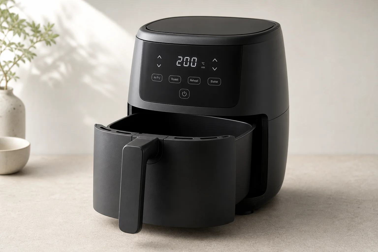 Six air fryer models arranged on concrete surface showing variety of styles and sizes