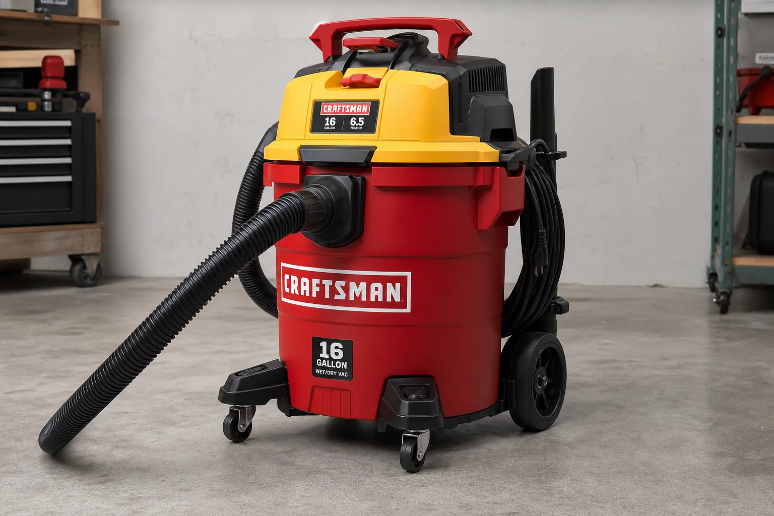 Eight wet/dry vacuums of varying sizes arranged on concrete surface