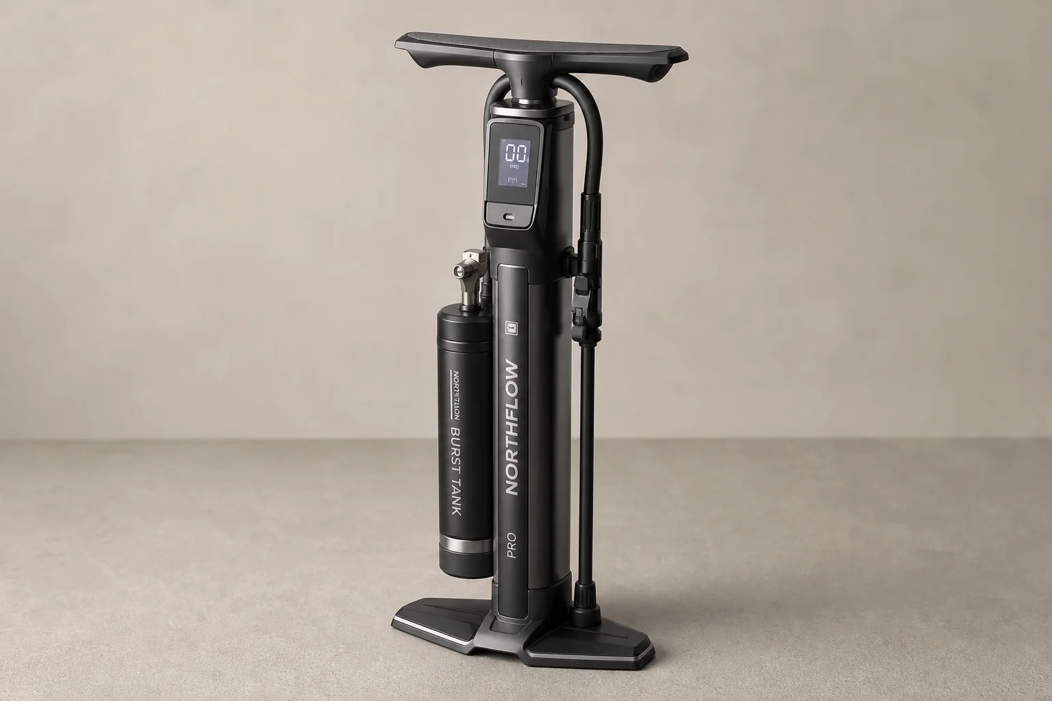 Five bike pumps displayed on concrete surface in staggered arrangement