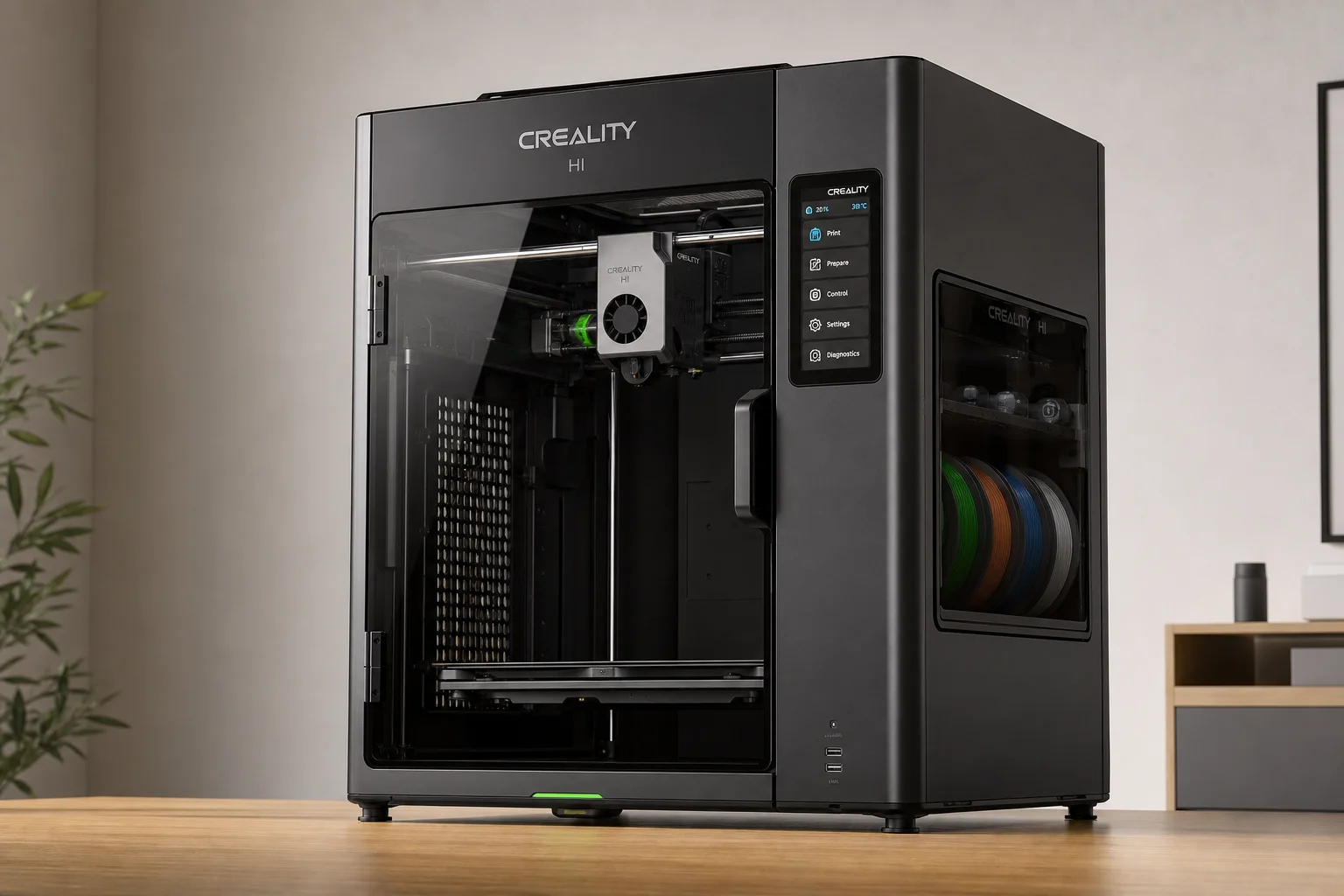 Collection of modern 3D printers on neutral background