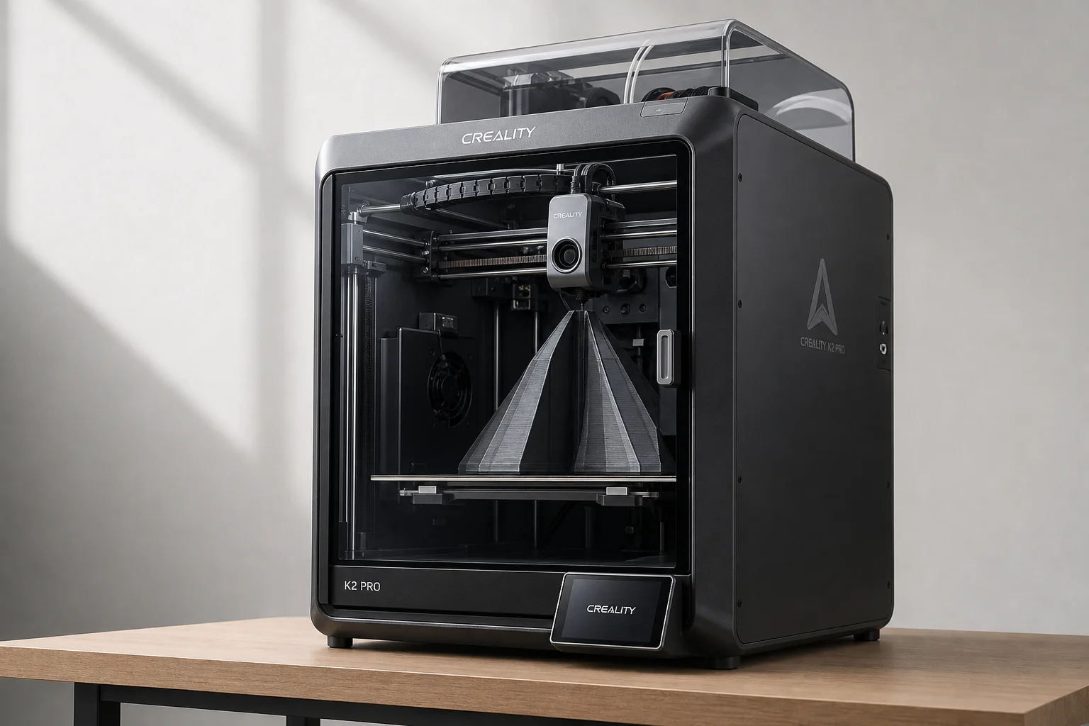 Collection of modern 3D printers on neutral background