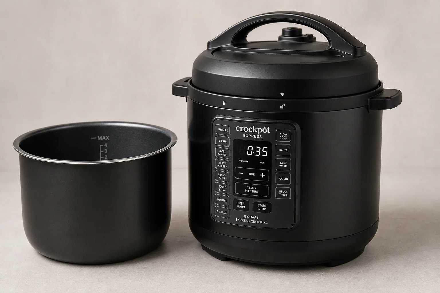 Instant Pot Pro 與 Crock-Pot Express Crock XL 多功能鍋並排擺放的畫面