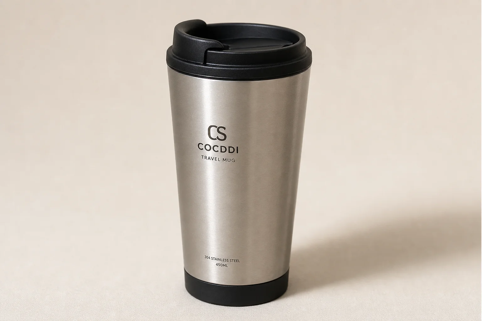 Collection of ten insulated bottles and travel mugs displayed on concrete surface