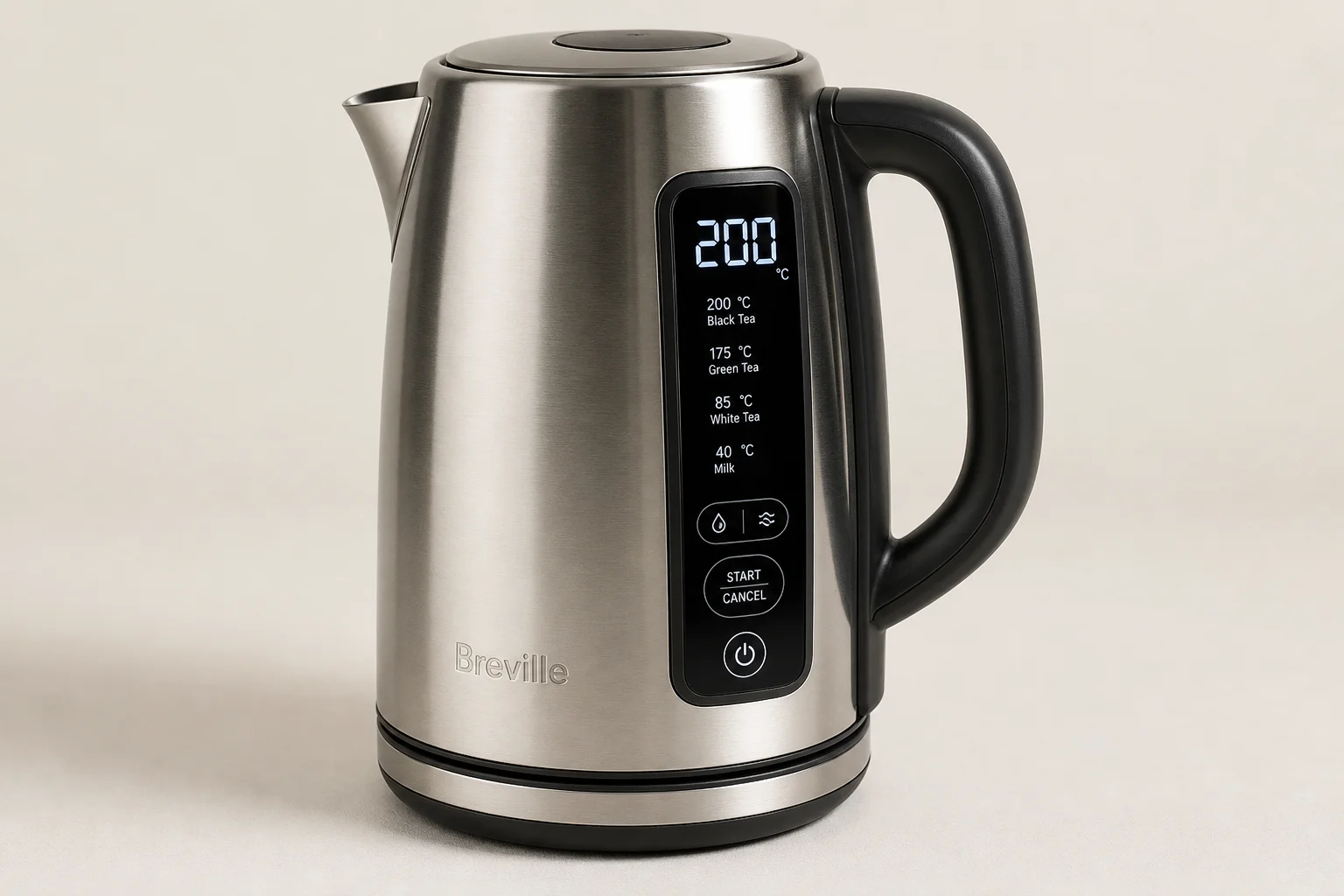 Five electric kettles in descending order of ranking on a concrete surface