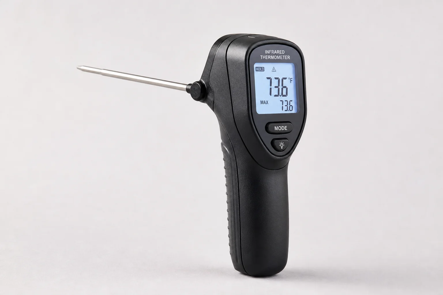 Five instant read thermometers arranged on neutral backdrop