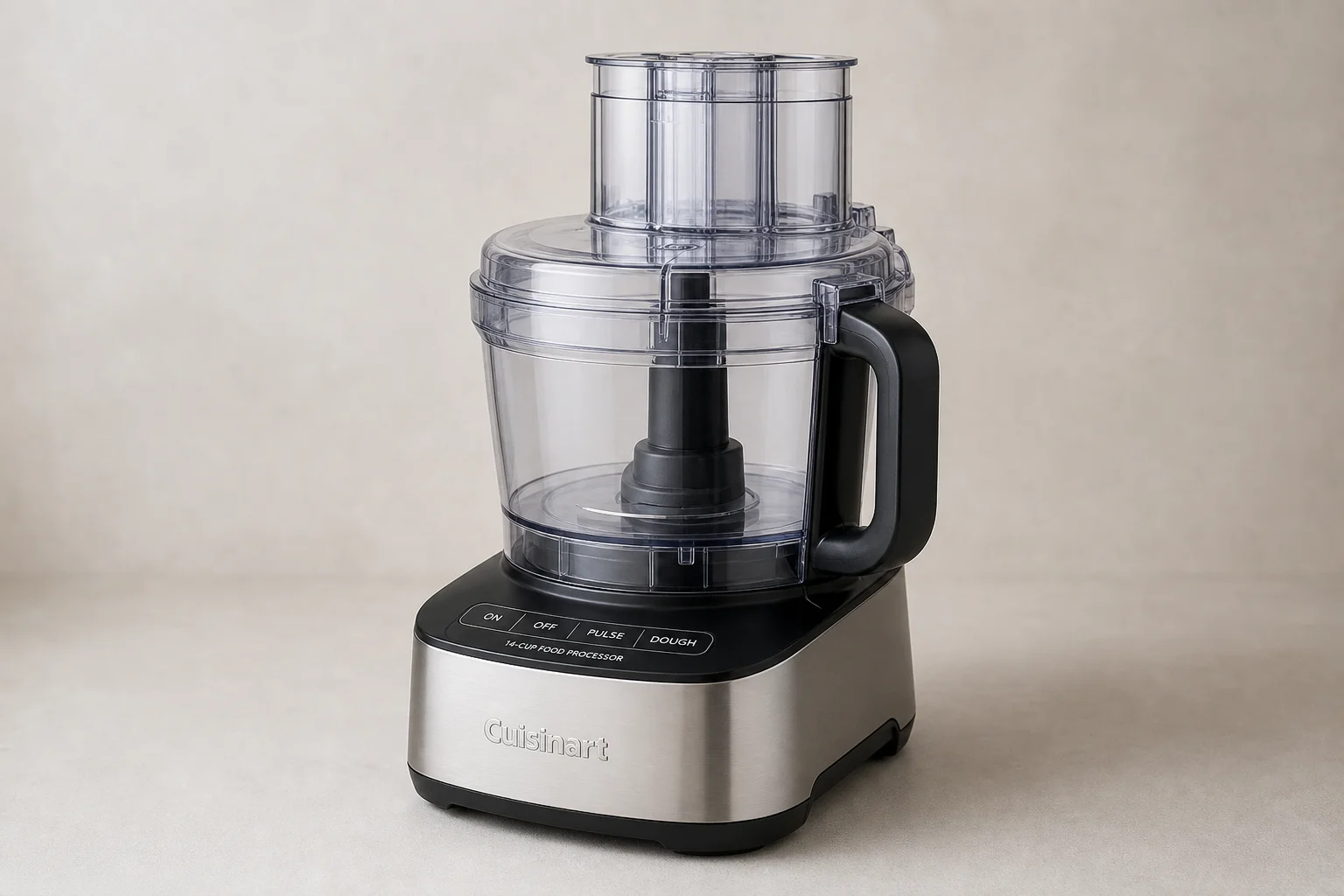 小型與大型 Cuisinart 食物處理機並排擺放，展示兩者之間的尺寸差異