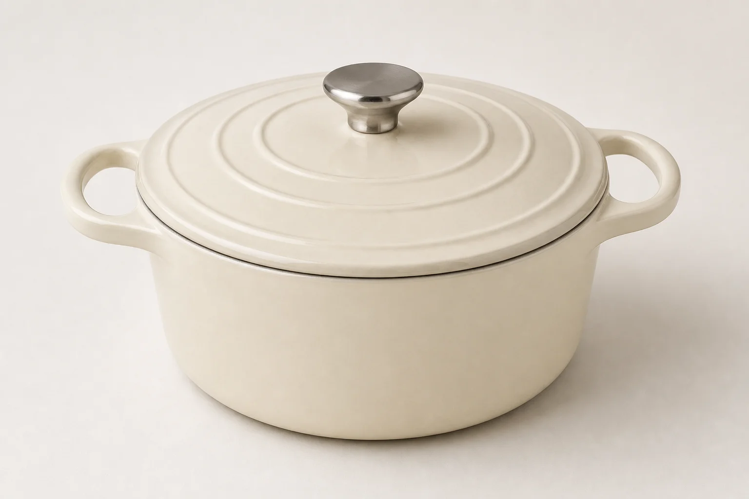 Three kitchen cookware vessels: cream Dutch oven, black Dutch oven with base, and slow cooker with glass lid