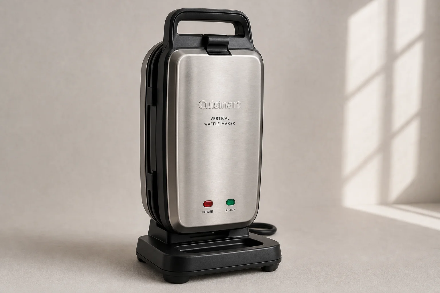 Five Cuisinart waffle makers arranged on concrete surface from budget to premium models