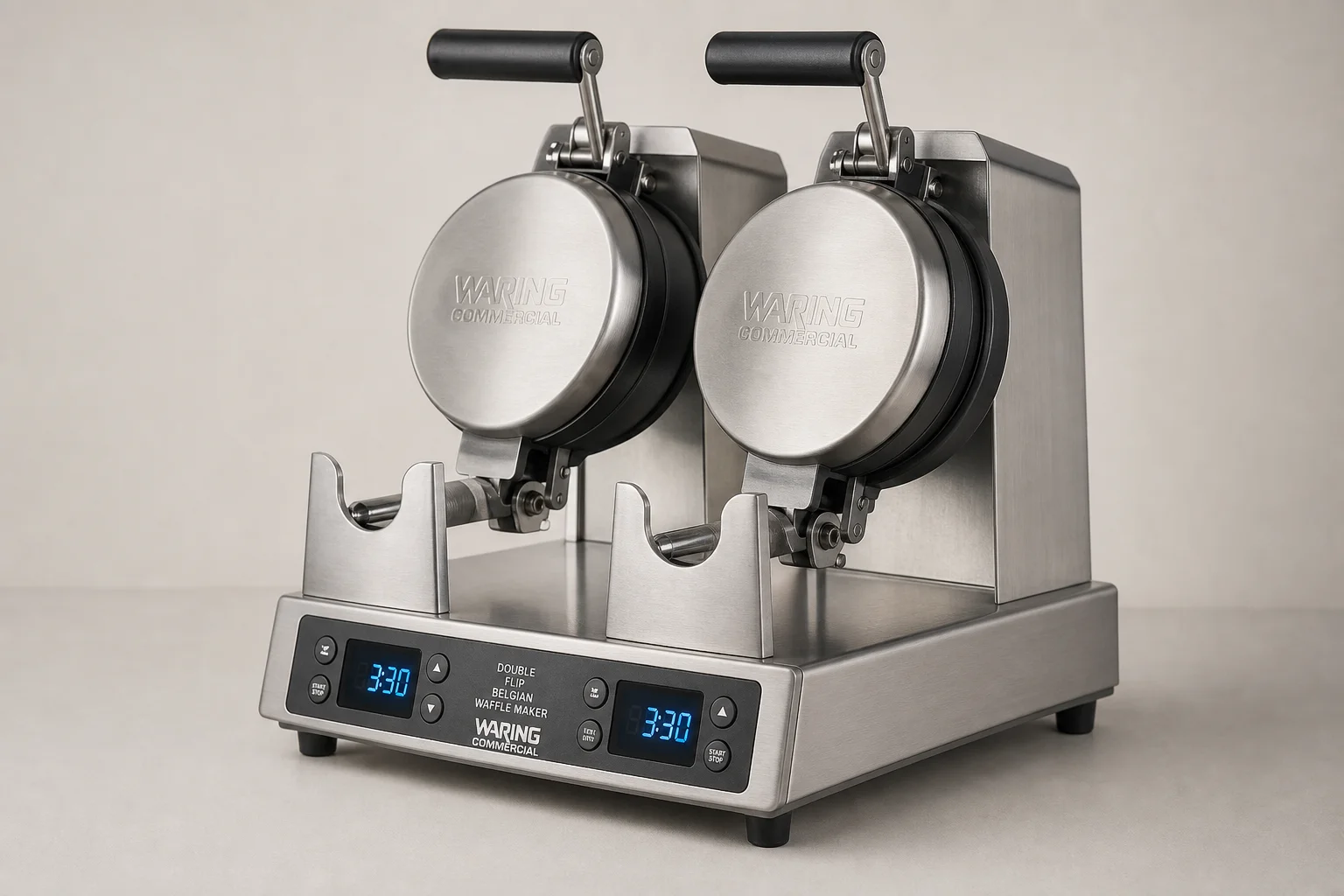 Five Cuisinart waffle makers arranged on concrete surface from budget to premium models