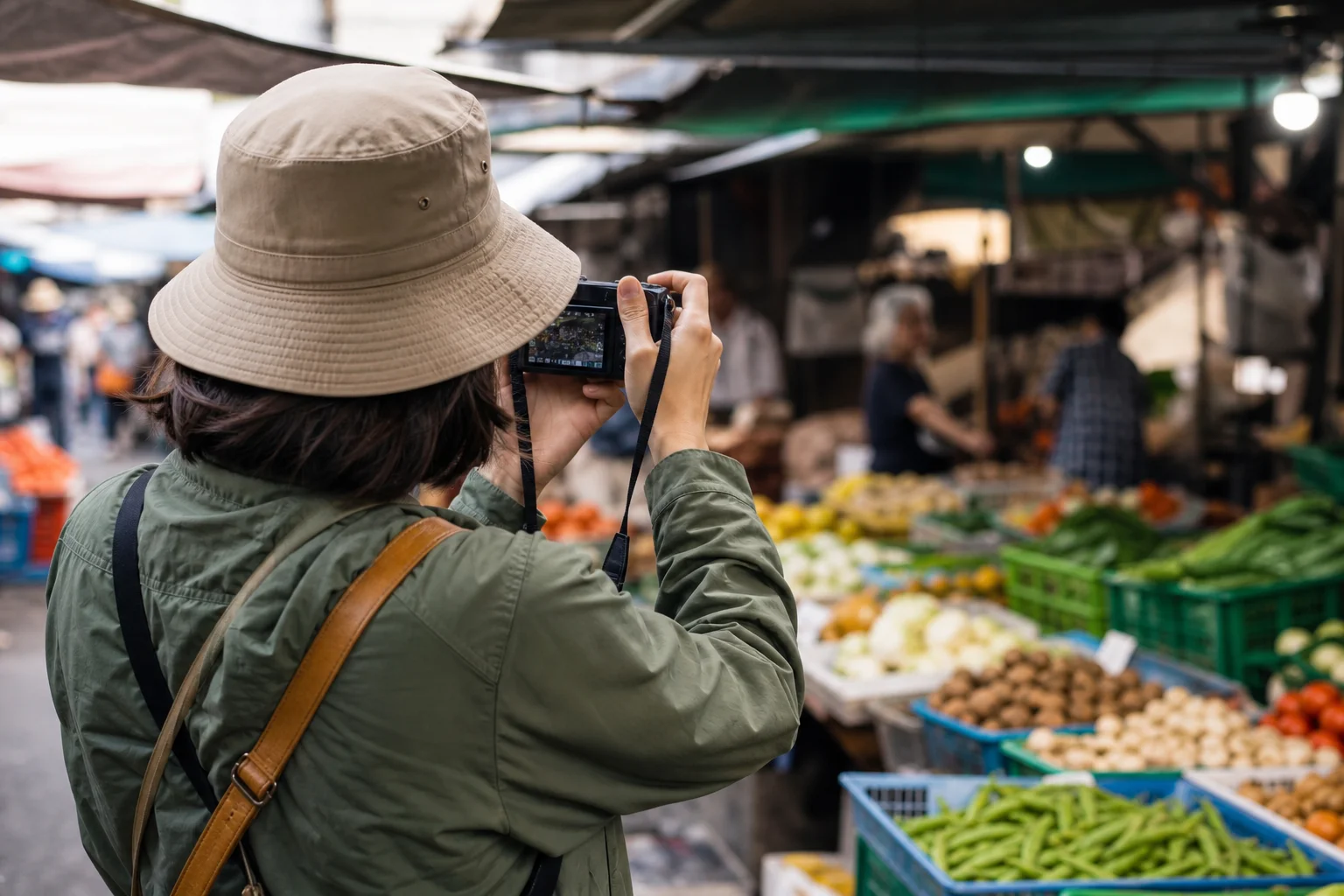 Street photographer holding compact camera at eye level in urban market setting