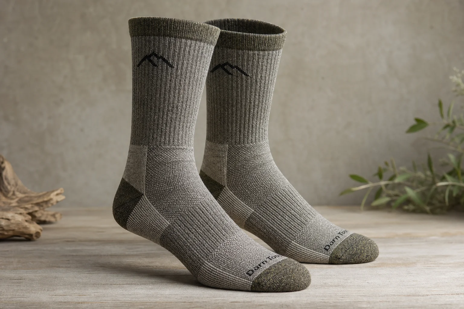 Five pairs of hiking socks in different styles and colors arranged on concrete