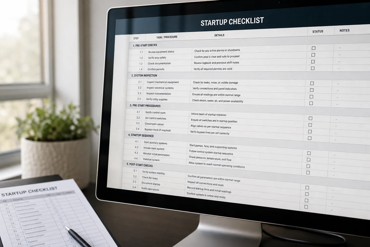 Computer monitor displaying aircraft startup checklist and procedures