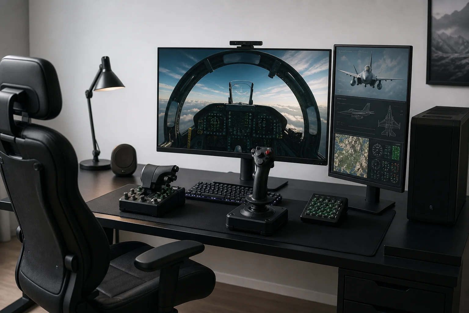 Complete flight simulation workstation with multiple monitors and HOTAS controller
