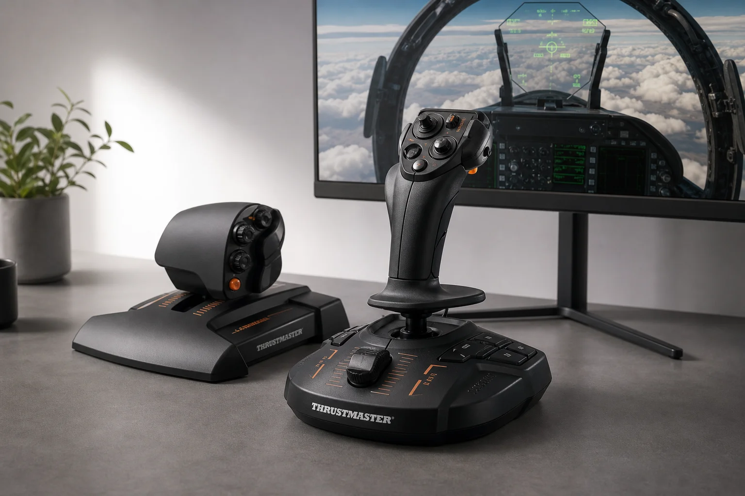 Flight simulation HOTAS controller on desk with cockpit display in background
