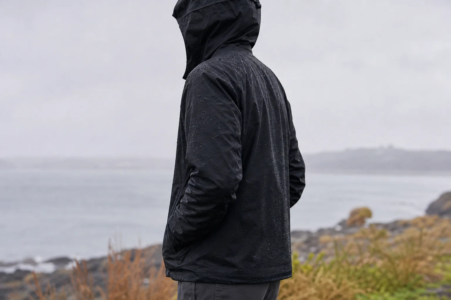 Person wearing a compact black rain jacket in light rain outdoors